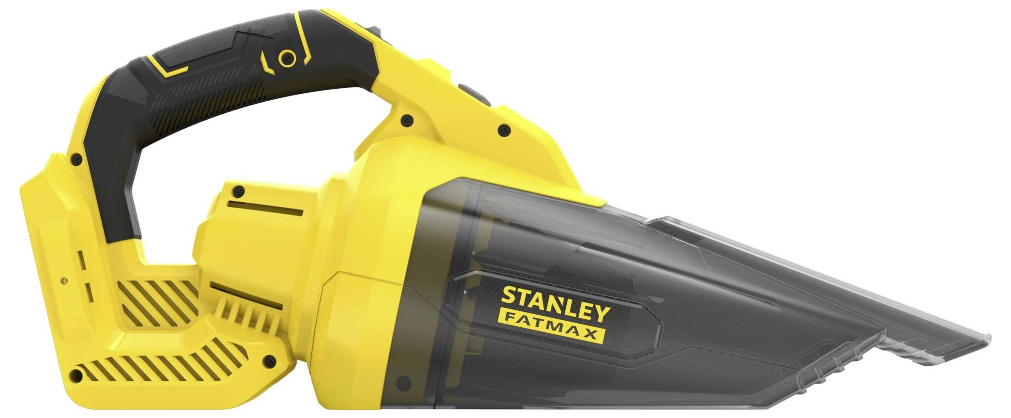 Žlutý a černý ruční vysavač značky "Stanley Fatmax" se slibným designem a ergonomickou rukojetí.