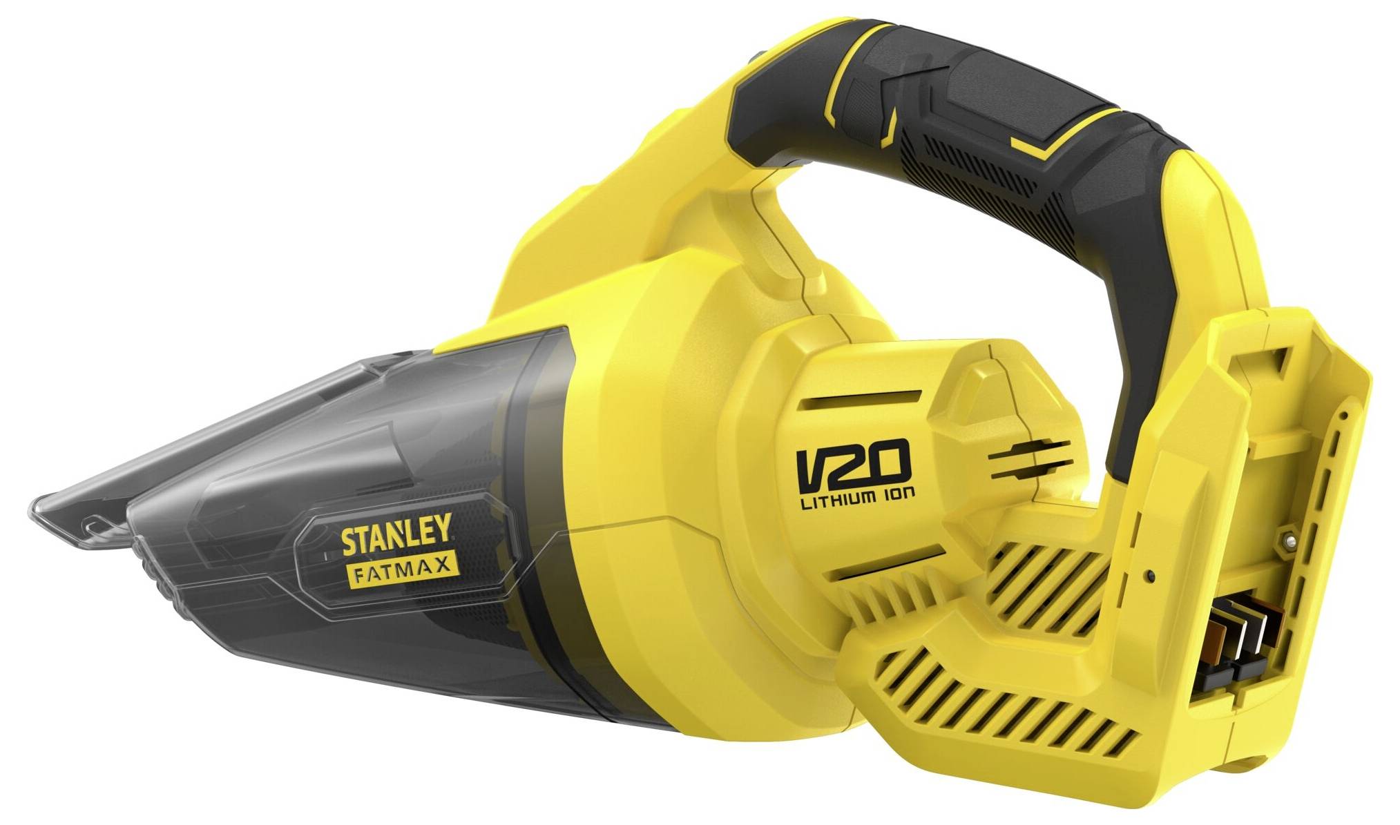 Žlutý a černý ruční vysavač Stanley FatMax V20 s lithium-ionovou baterií s elegantním designem umístěný na bílém pozadí.