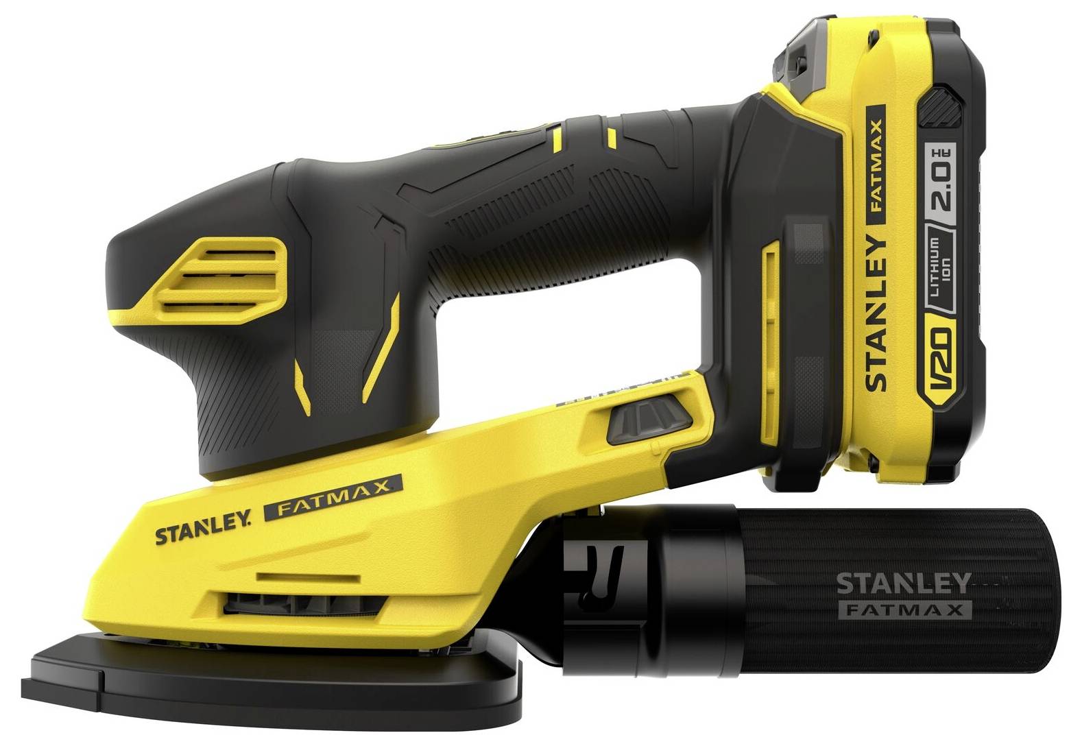 Žluto-černý bezdrátový detailní bruska Stanley Fatmax s ergonomickou rukojetí a válcem na sběr prachu.