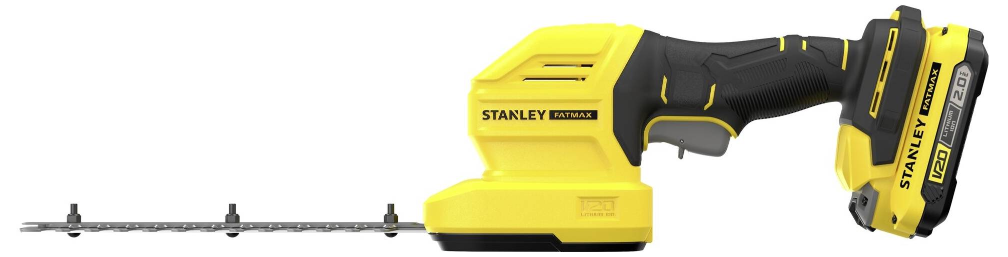 Žlutý bezdrátový elektrický nástroj značky Stanley s černou rukojetí, vybavený čepelí pro zastřihování nebo řezání. Baterie připojená v základně.