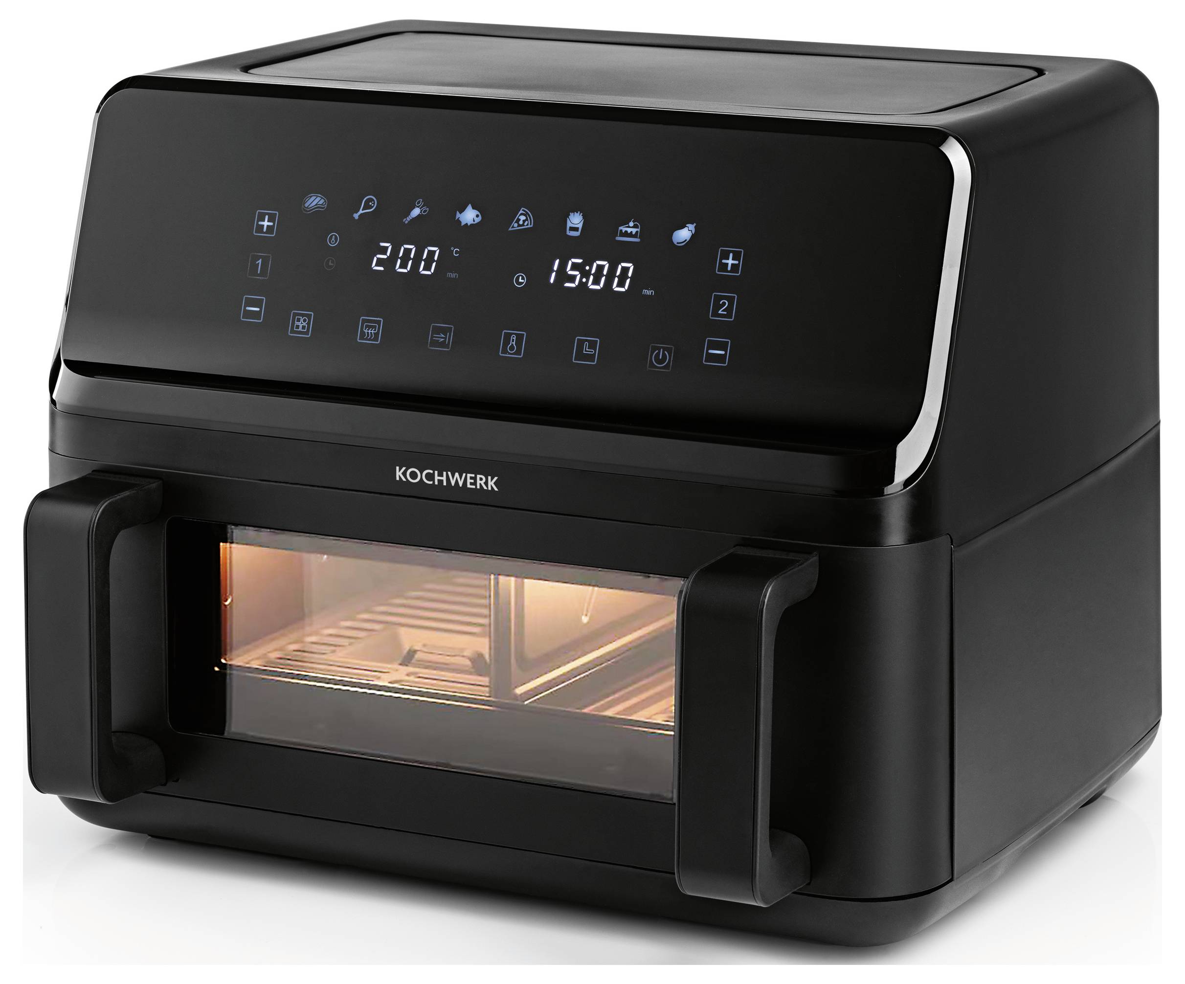 Černá, moderní kuchyňská trouba na pracovní desku s digitálním displejem zobrazujícím 200°C a 15:00 minut. Dvířka trouby mají okno.