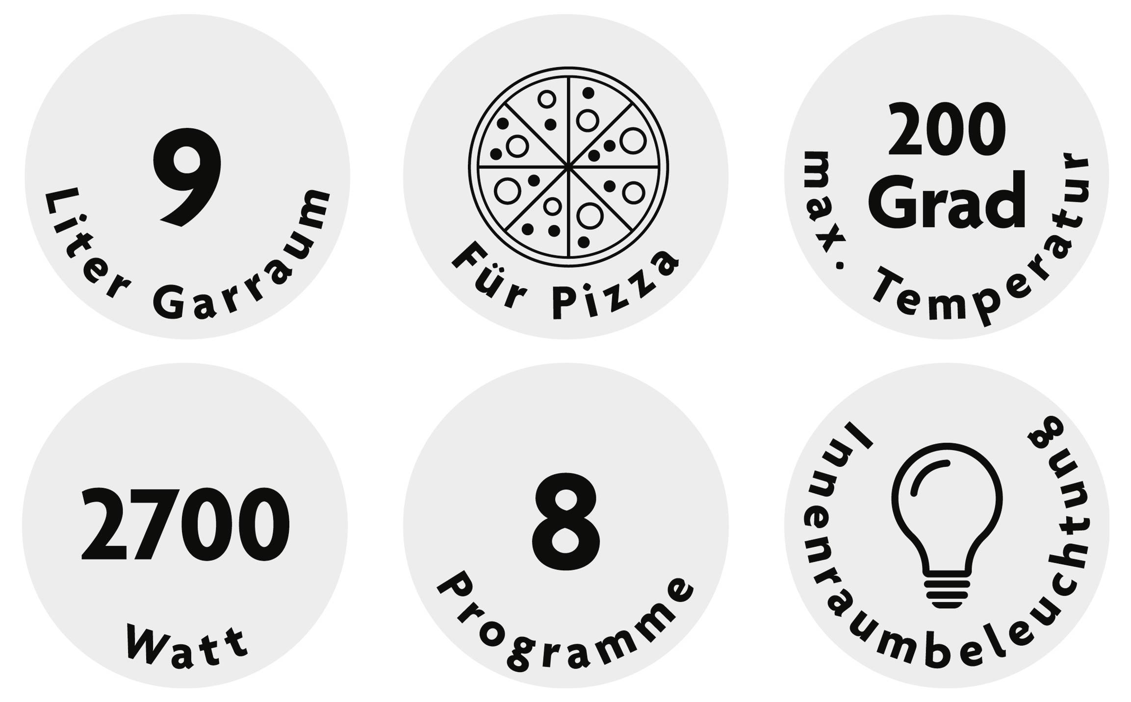 Vlastnosti trouby: kapacita 9 litrů, vhodná pro pizzu, maximální teplota 200°C, 2700 wattů, 8 programů, osvětlení interiéru.