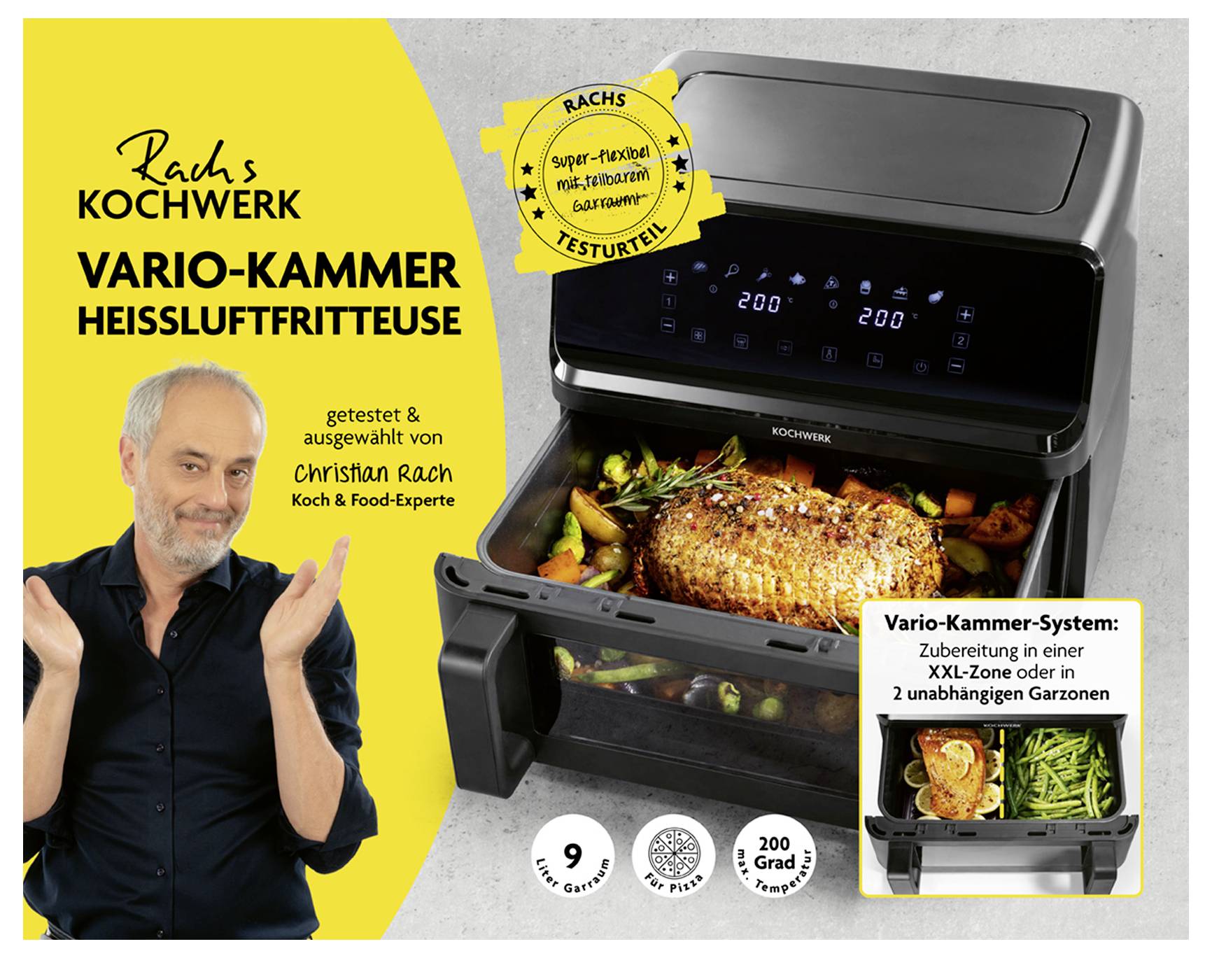 Propagační obrázek pro 'Rach's Kochwerk Vario-Kammer Heißluftfritteuse' zobrazující potraviny v horkovzdušné fritéze. Obsahuje úsměvavého muže, ocenění a klíčové funkce.