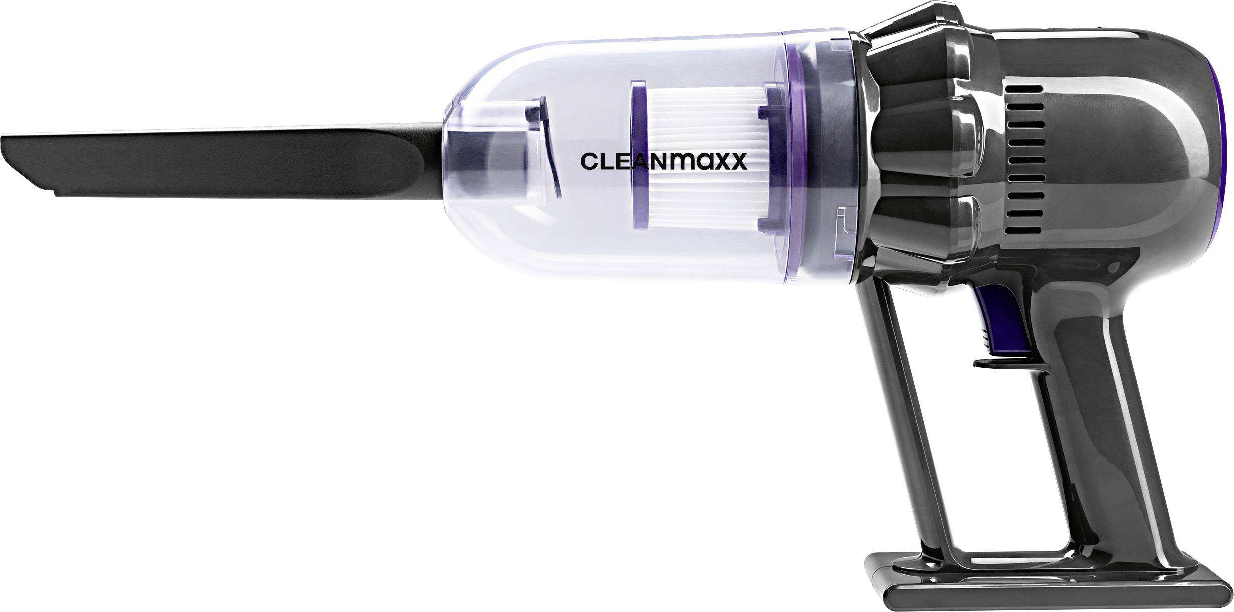 Přenosný vysavač s průhlednou nádobou na prach a dlouhým nástavcem trubice, značky 'CLEANmaxx', na bílém pozadí.