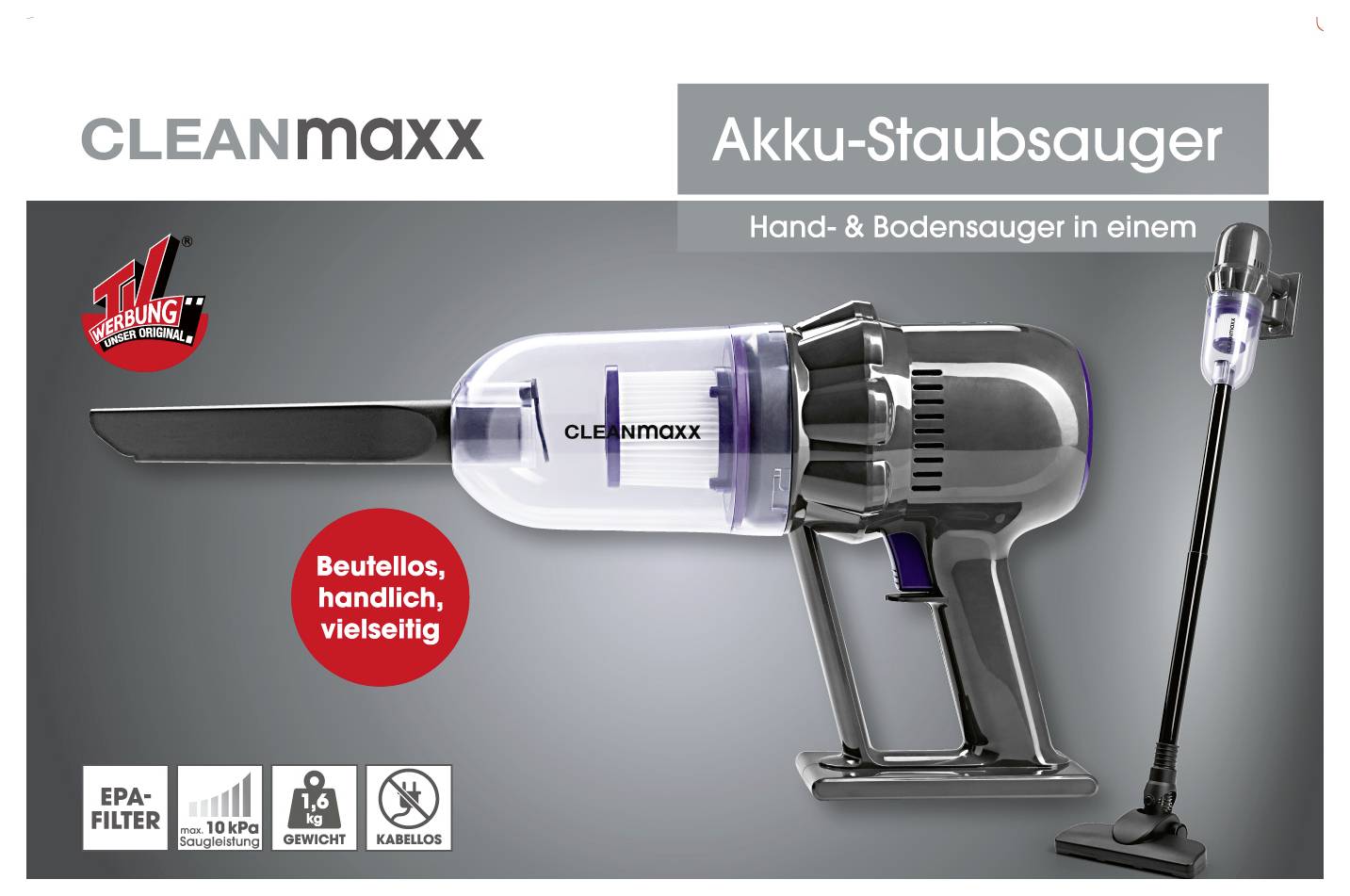 Bezdrátový vysavač značky Clean Maxx s odnímatelnou ruční jednotkou a EPA filtrem, určený pro univerzální použití na podlahách i jako ruční vysavač.