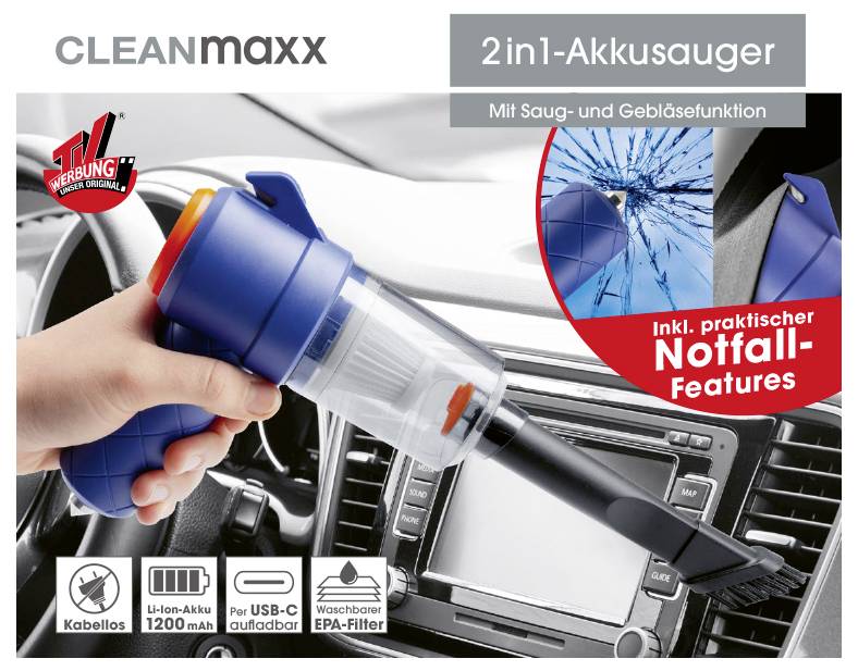 Zařízení na vysávání a foukání do interiérů automobilů s modrým držadlem, obsahující možnosti v případě nouze. Zahrnuje ikony pro bezdrátovou technologii, nabíjení USB-C, kapacitu 1200mAh a filtr HEPA.