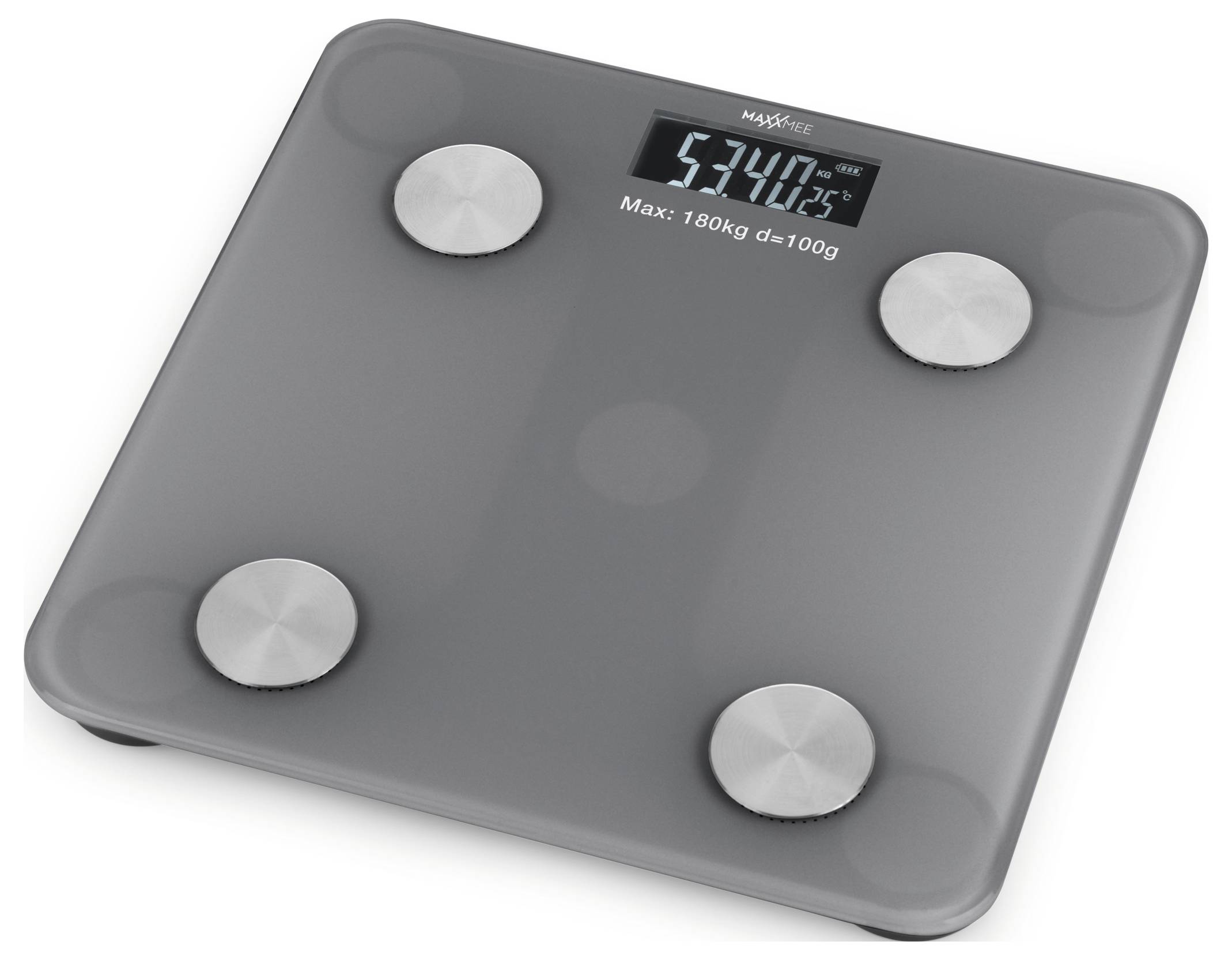 Digitální koupelnová váha zobrazuje hmotnost 5,34 kg. Maximální kapacita je 180 kg, s měřením v přírůstcích po 100 g.