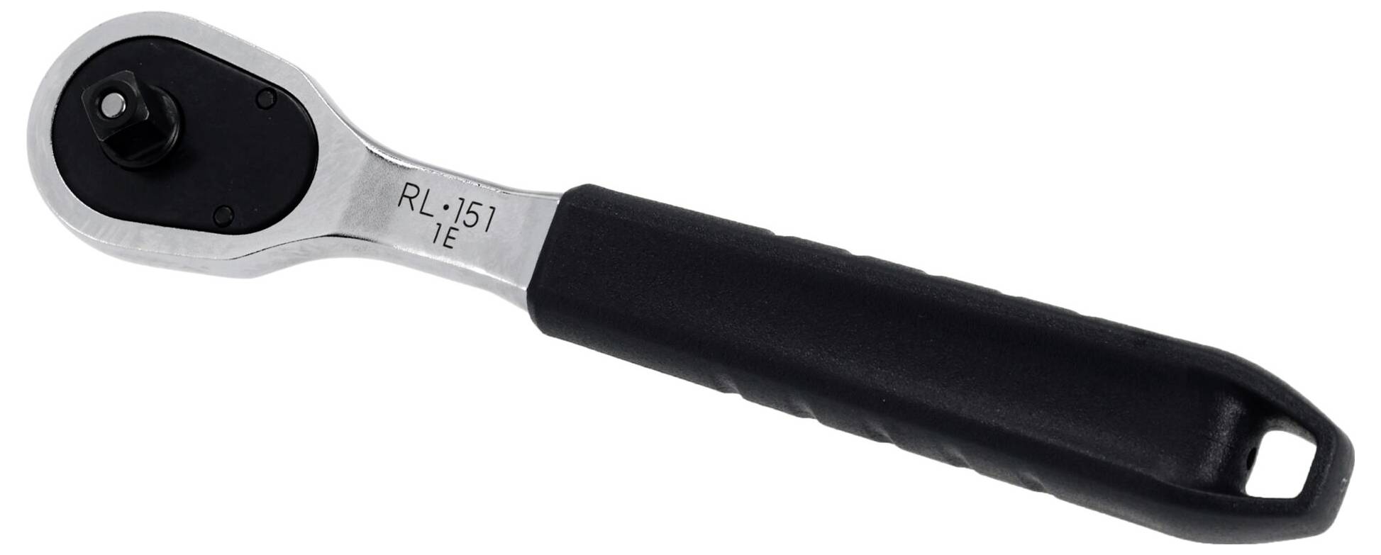 Klíč s račnou s černou rukojetí, který se používá k utahování nebo uvolňování šroubů. Kovová hlava ukazuje model 'RL-151 1E'.