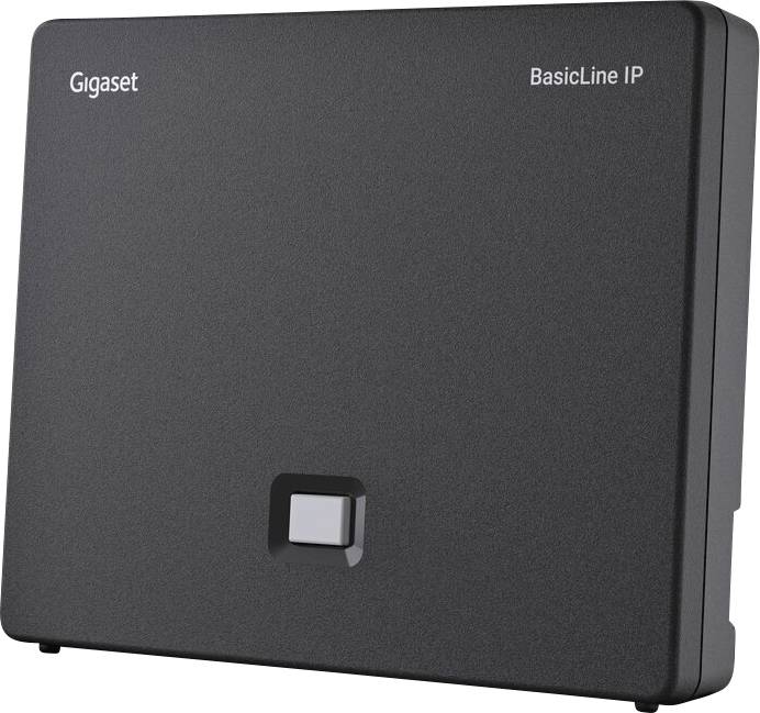 Černá základnová stanice Gigaset BasicLine IP se čtvercovým tlačítkem uprostřed, určená pro připojování bezdrátových komunikačních zařízení.