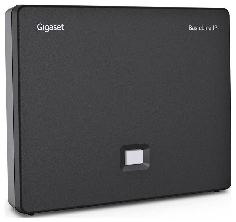 Zařízení „Gigaset BasicLine IP" v černé barvě, obdélníkového tvaru s malým čtvercovým tlačítkem uprostřed, používané pro připojení telefonní komunikace.