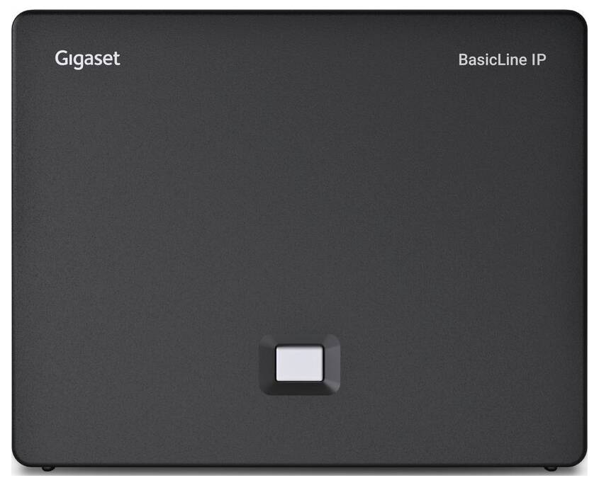Černý obdélník s textem "Gigaset BasicLine IP" v horní části, obsahující tlačítko čtvercového tvaru uprostřed.