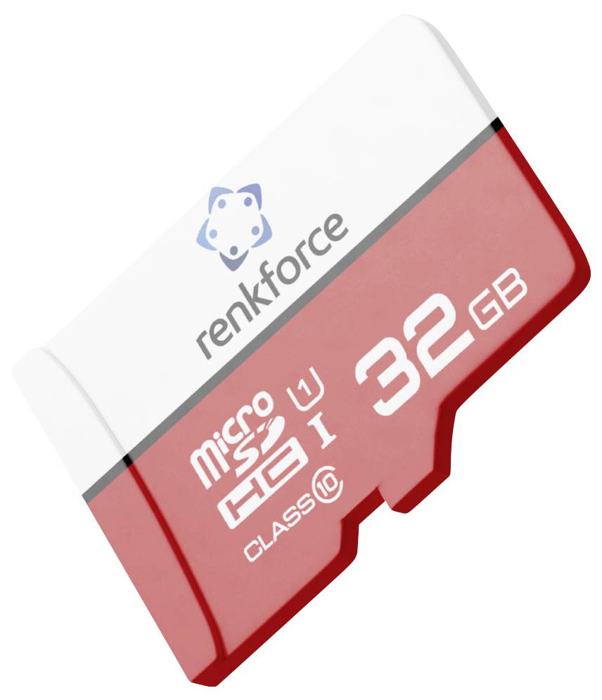 Karta Renkforce 32 GB microSD, červená a bílá, zobrazená diagonálně na jednolitém bílém pozadí.