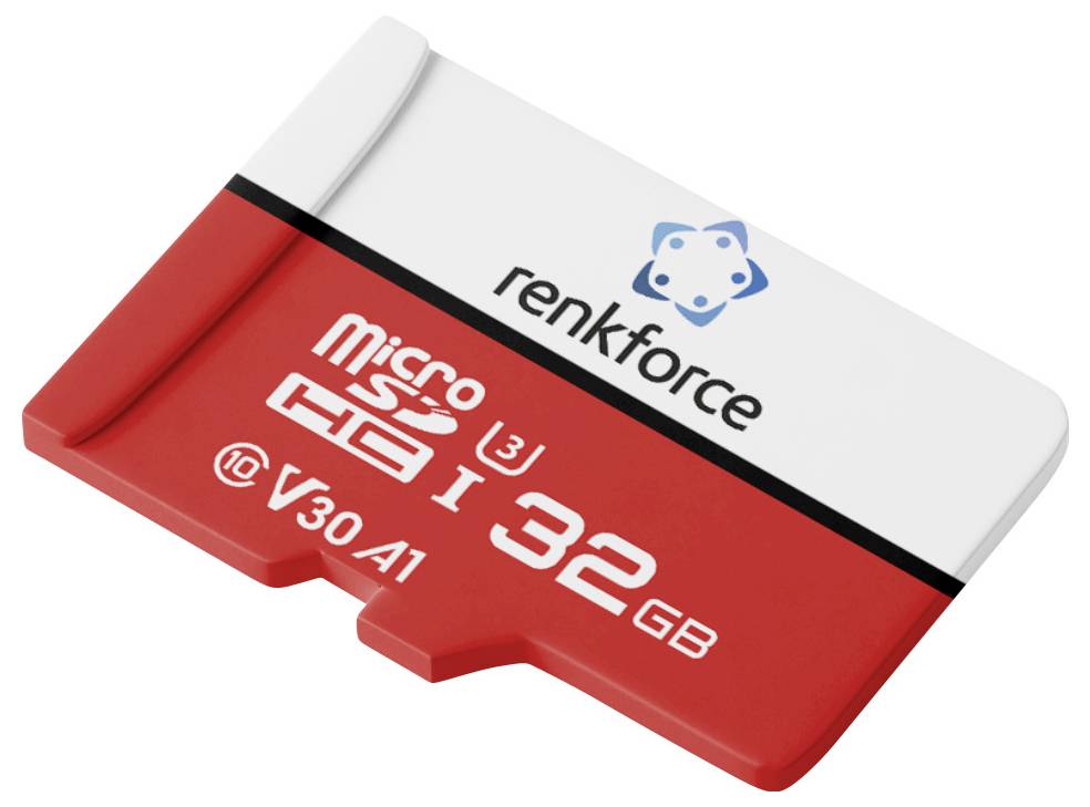 Červenobílá 32GB microSD paměťová karta označená „renkforce" a „microSDHC I" na bílém pozadí.