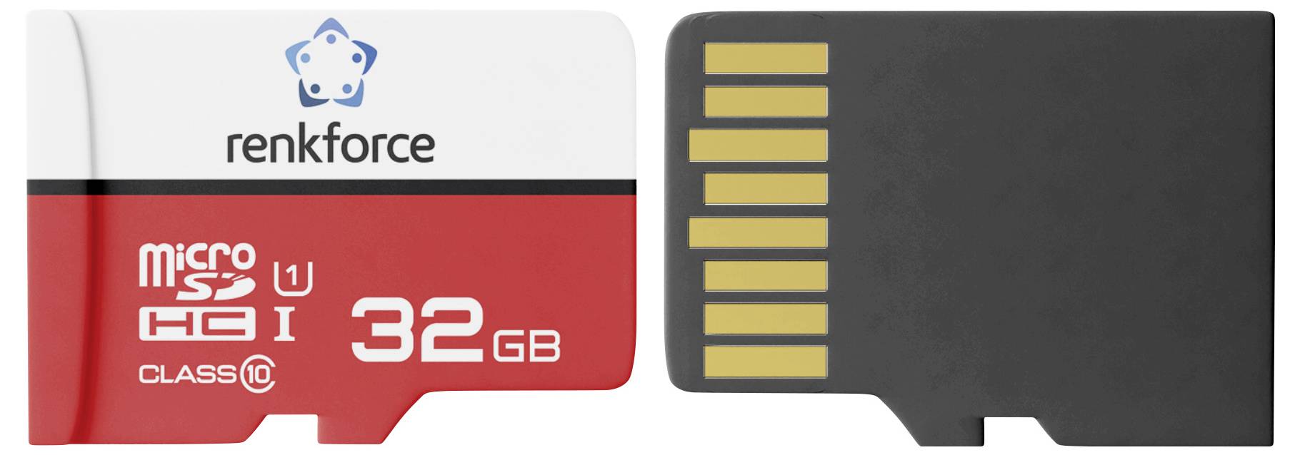 Paměťová karta microSD označená jako „renkforce", „micro SD", Class 10 a 32 GB, zobrazená zepředu a zezadu.
