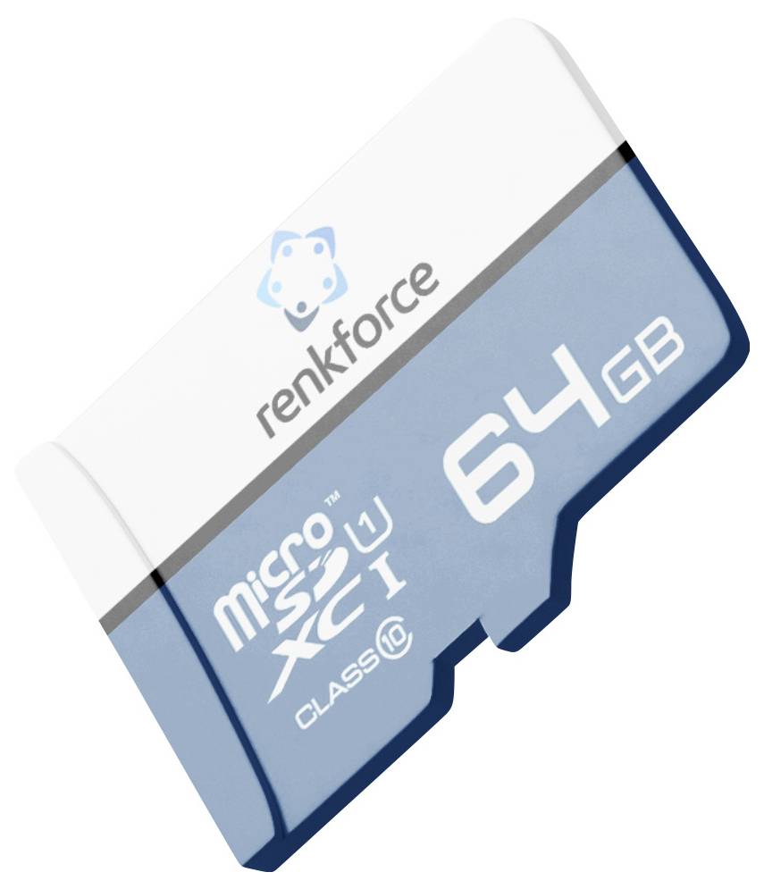 Obrázek modré a bílé paměťové karty microSDXC o kapacitě 64 GB značky "renkforce".