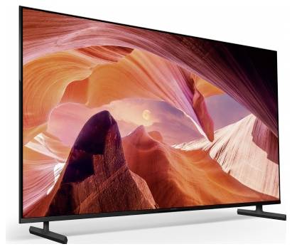 Televize s plochým displejem zobrazující živoucí krajinu kaňonu s červeno-oranžovými skalními formacemi a růžovou oblohou, na stojanu proti bílému pozadí.