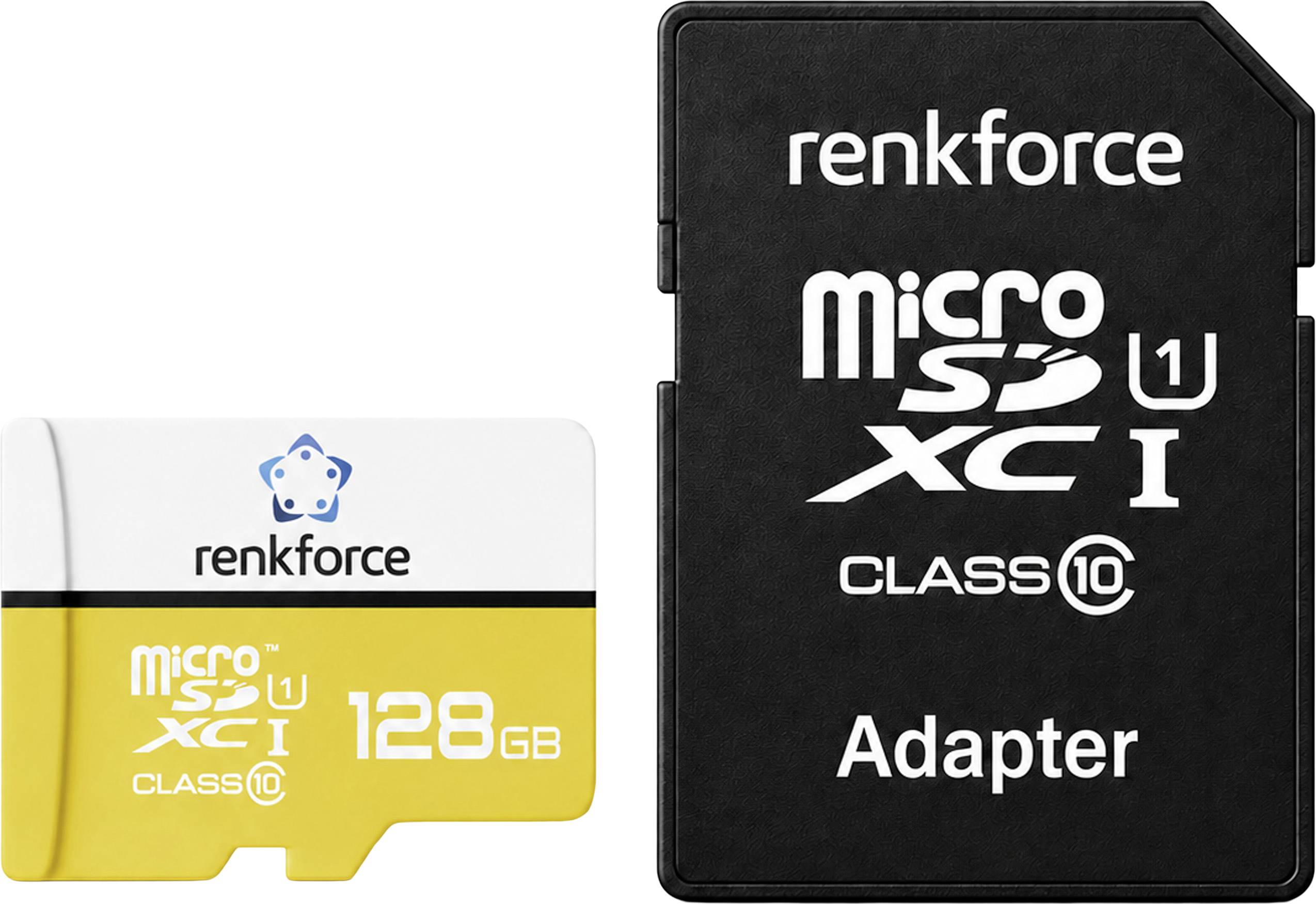 Dvě paměťové karty Renkforce: karta microSDXC o kapacitě 128 GB třídy 10 a adaptér microSD označený jako "Adapter".