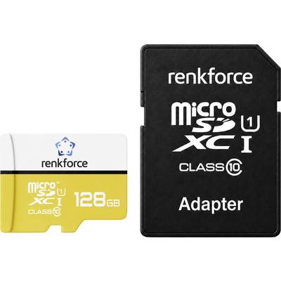 Dvě paměťové karty Renkforce: karta microSDXC o kapacitě 128 GB třídy 10 a adaptér microSD označený jako "Adapter".