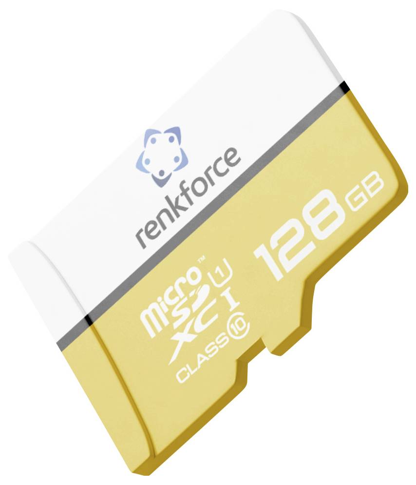 Detailní snímek žluté a bílé paměťové karty microSD o kapacitě 128 GB s názvem "renkforce" a označením "microSDXC CLASS10 U1"