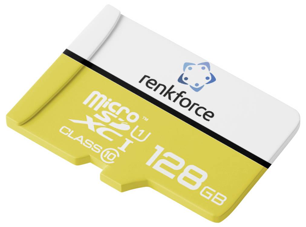 Bílá a žlutá paměťová karta Renkforce microSDXC s označením "micro sdxc 1 128 GB" na jednobarevném pozadí.