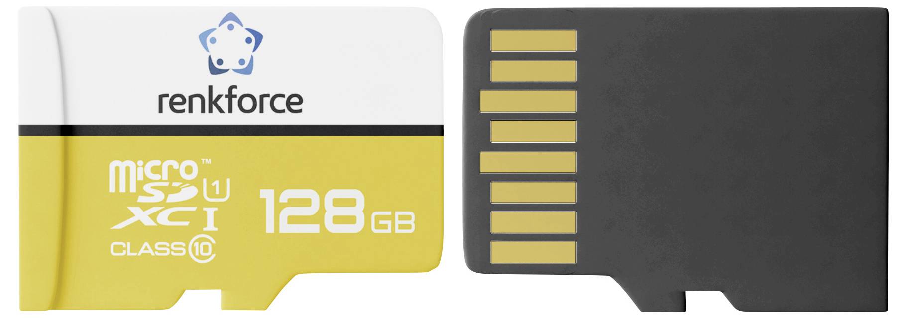 RenKforce 128GB microSD karta zobrazená zepředu a zezadu, se zlatými kontaktními piny a označením Class 10/U1.