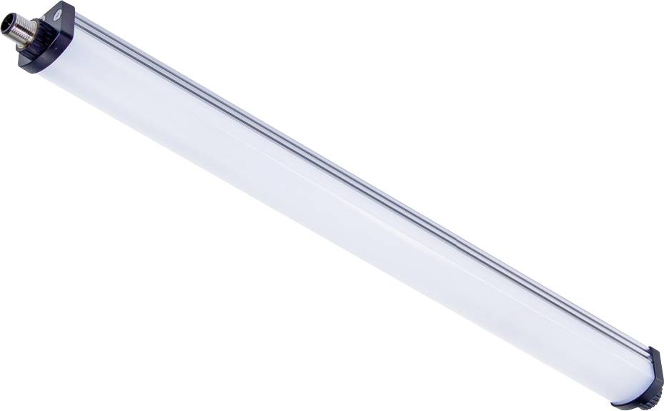 Dlouhá, válcovitá LED trubicová lampa s bílým pouzdrem a černými čepičkami na koncích, umístěná diagonálně na bílém pozadí.