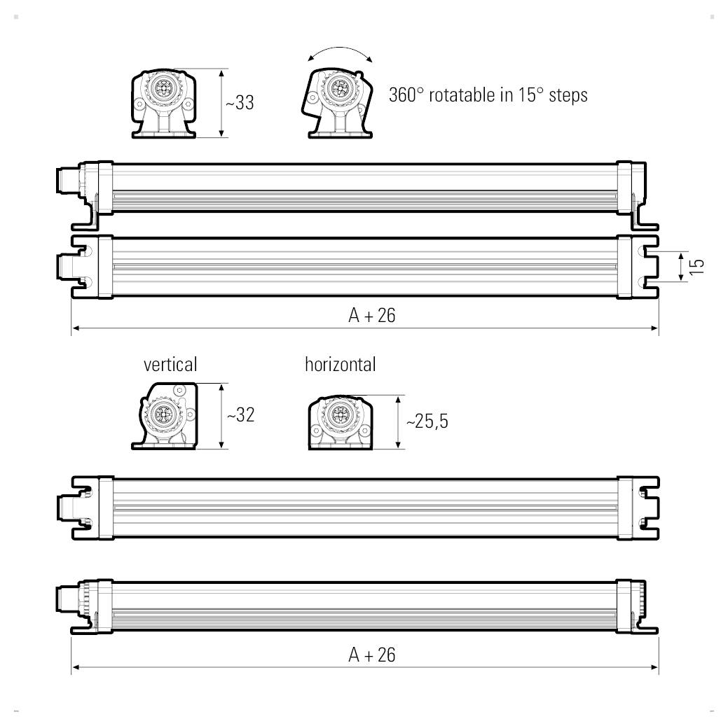 Diagram svítidla ilustruje jeho nastavitelné funkce. Ukazuje rotaci o 360 stupňů v krocích po 15 stupních a rozměry: „+33, A+26, +15" vertikálně a „+32, A+26, -25,5" horizontálně.