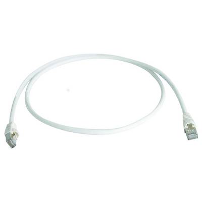 Světle zbarvený síťový kabel Ethernet s konektory RJ45 na obou koncích, svitnutý na bílém pozadí.