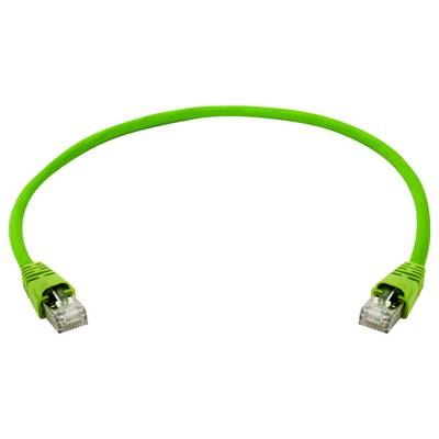 Zelený ethernetový kabel s konektory RJ45 na obou koncích, zobrazený zakřivený na bílém pozadí.
