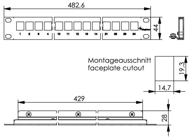 Technický výkres modulární čelní desky zobrazující rozměry 482,6 mm x 44 mm, délka 429 mm a výřez čelní desky 14,7 x 19,3 mm.