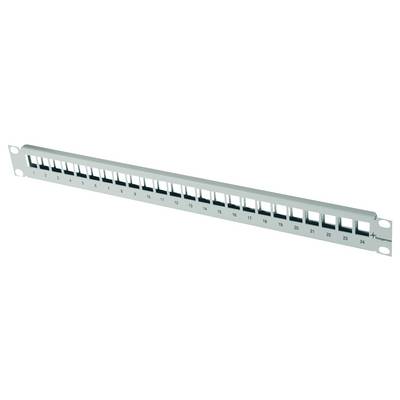 Stříbrný 24portový patčpanel pro montáž do racku s očíslovanými síťovými porty RJ45 pro ethernetové kabely.