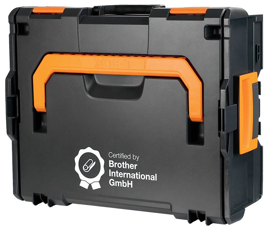 Černé přenosné pouzdro s tvrdou skořápkou, oranžovým madlem a zámky, označené "Certified by Brother International GmbH".
