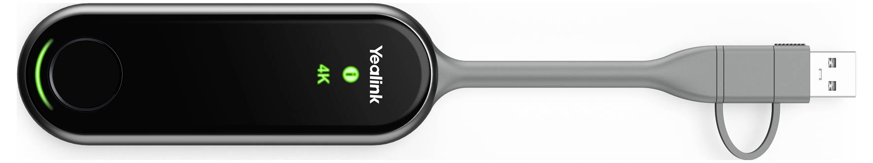 Černý a stříbrný fitness náramek Yoviik s USB připojením, který má svítící zelený kroužek na pouzdře a USB konektor na konci.