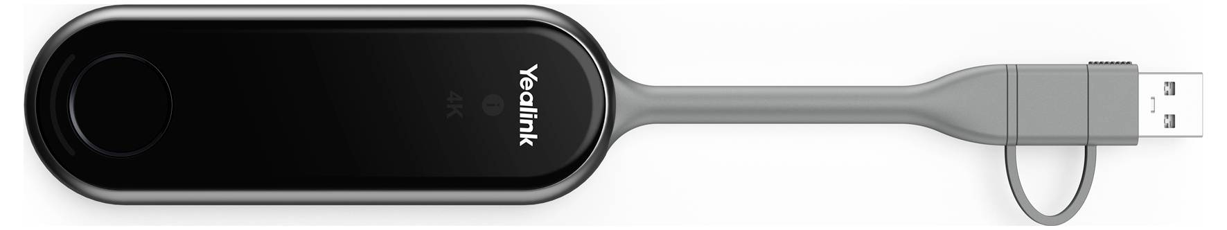 Černý USB dongle Yealink s krátkým šedým kabelem a USB-A konektorem, zobrazený na bílém pozadí.