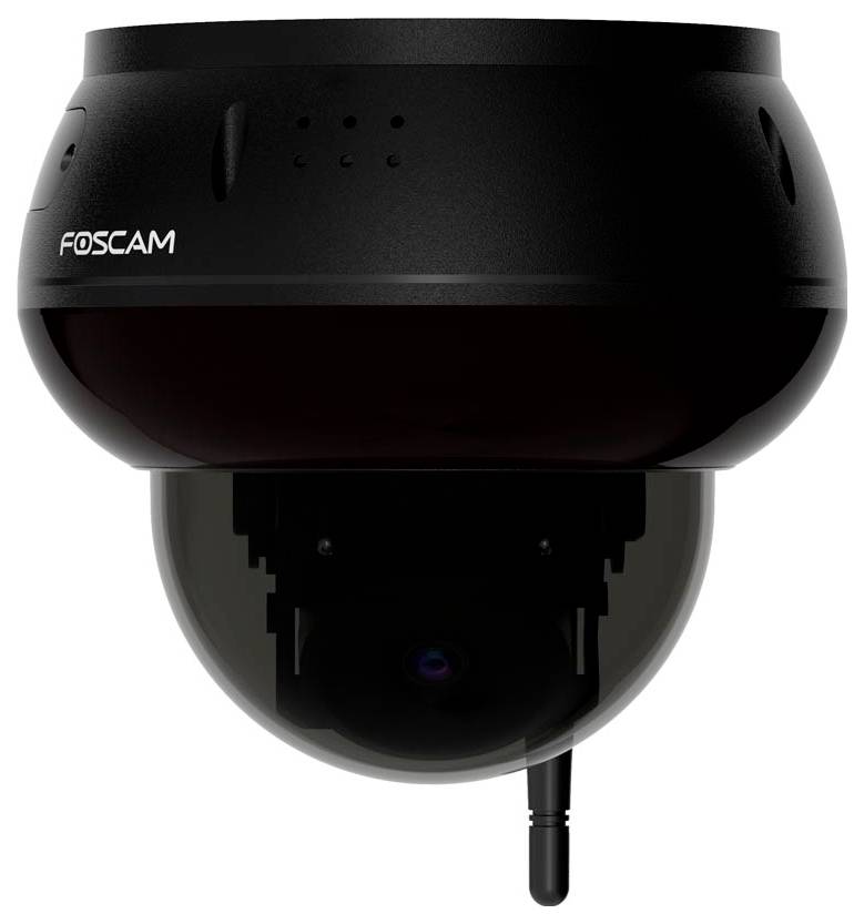 Černá bezpečnostní kamera Foscam se sféricky navrženým designem a viditelnou anténou, vhodná pro vnitřní nebo venkovní dohled.
