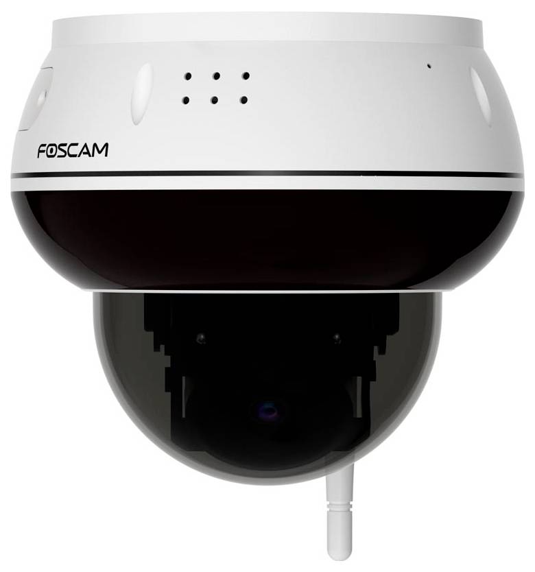 Bezpečnostní kamera Foscam s kupolovitým tvarem, s částečným černým designem v dolní polovině a anténou vycházející ze spodu.