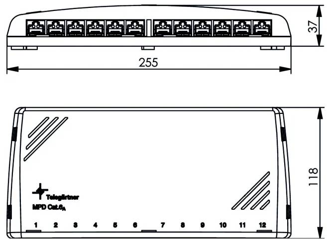 Kótovaný technický výkres 12portového zařízení: pohled zepředu a pohled shora označený šírka 255 mm, výška 118 mm, hloubka 37 mm.