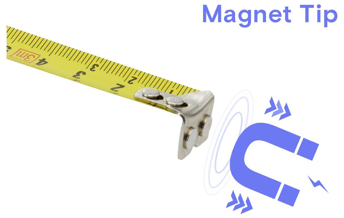 Metr s magnetickou špičkou, označený "Magnetická špička", který přitahuje modrý symbol podkovového magnetu.