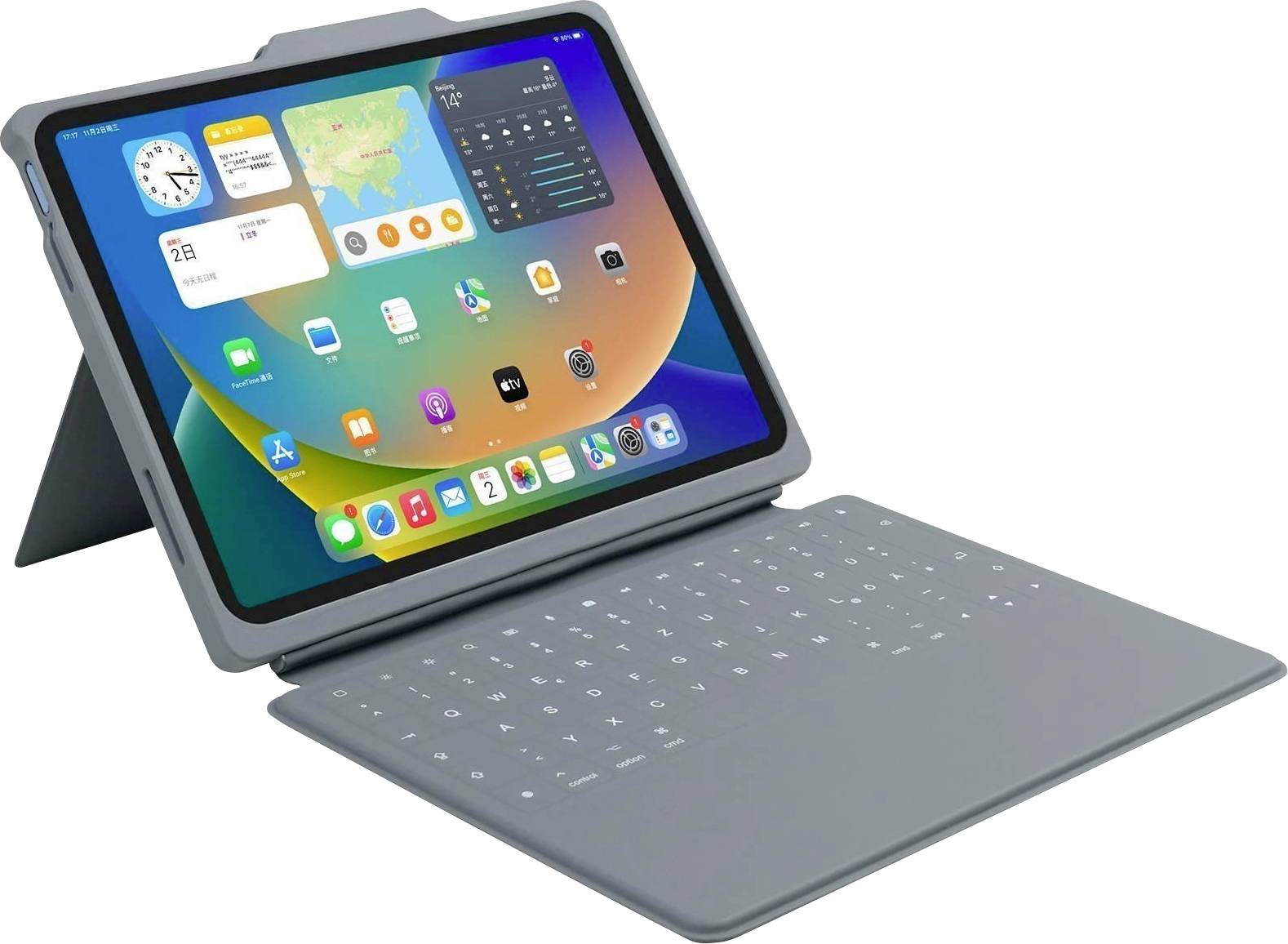 Tablet v šedém skládacím pouzdře s klávesnicí je zobrazen. Obrazovka ukazuje různé aplikace a widgety na barevném pozadí.