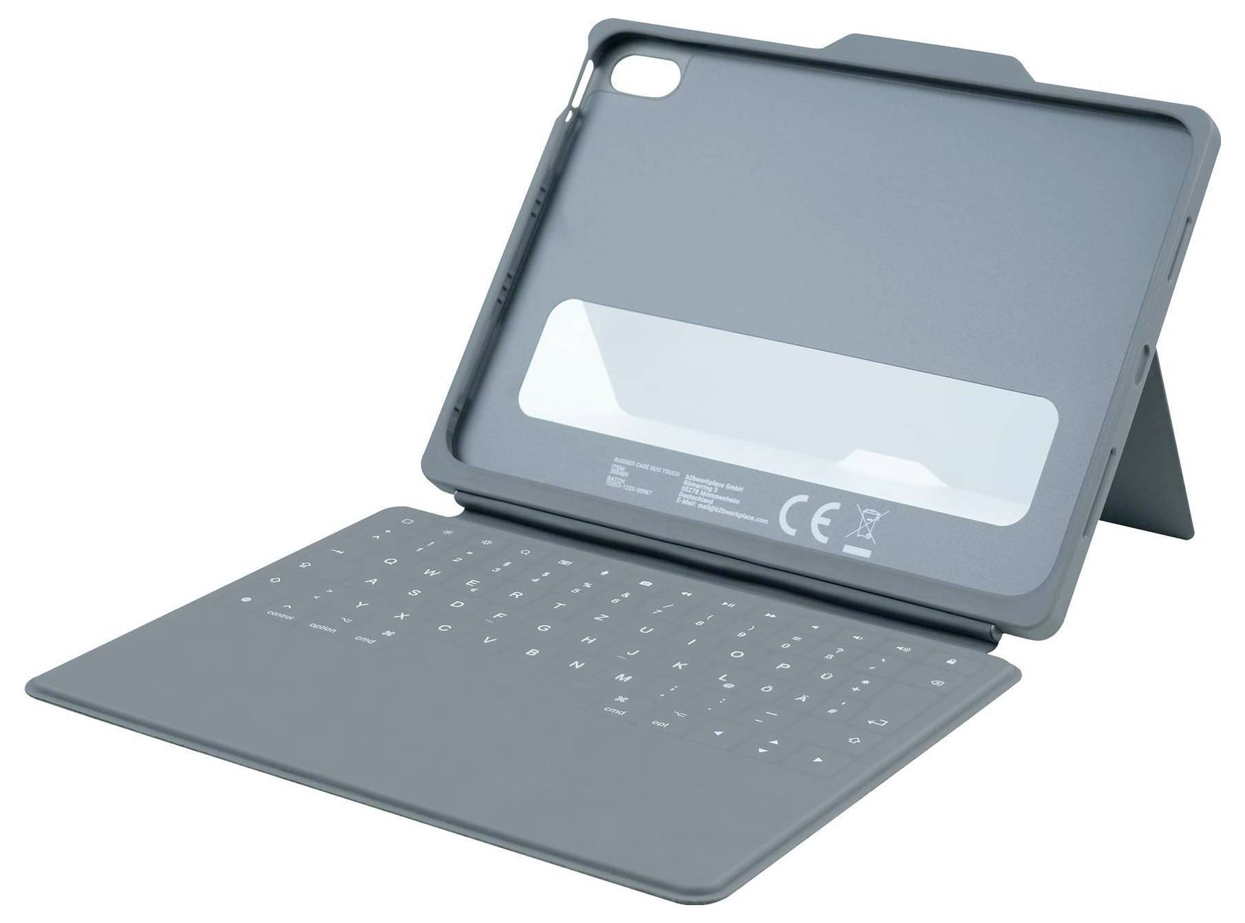 Pouzdro na tablet s integrovanou klávesnicí je znázorněno v otevřené poloze. Pouzdro má stojan pro podepření tabletu ve svislé poloze a viditelné výřezy pro porty.