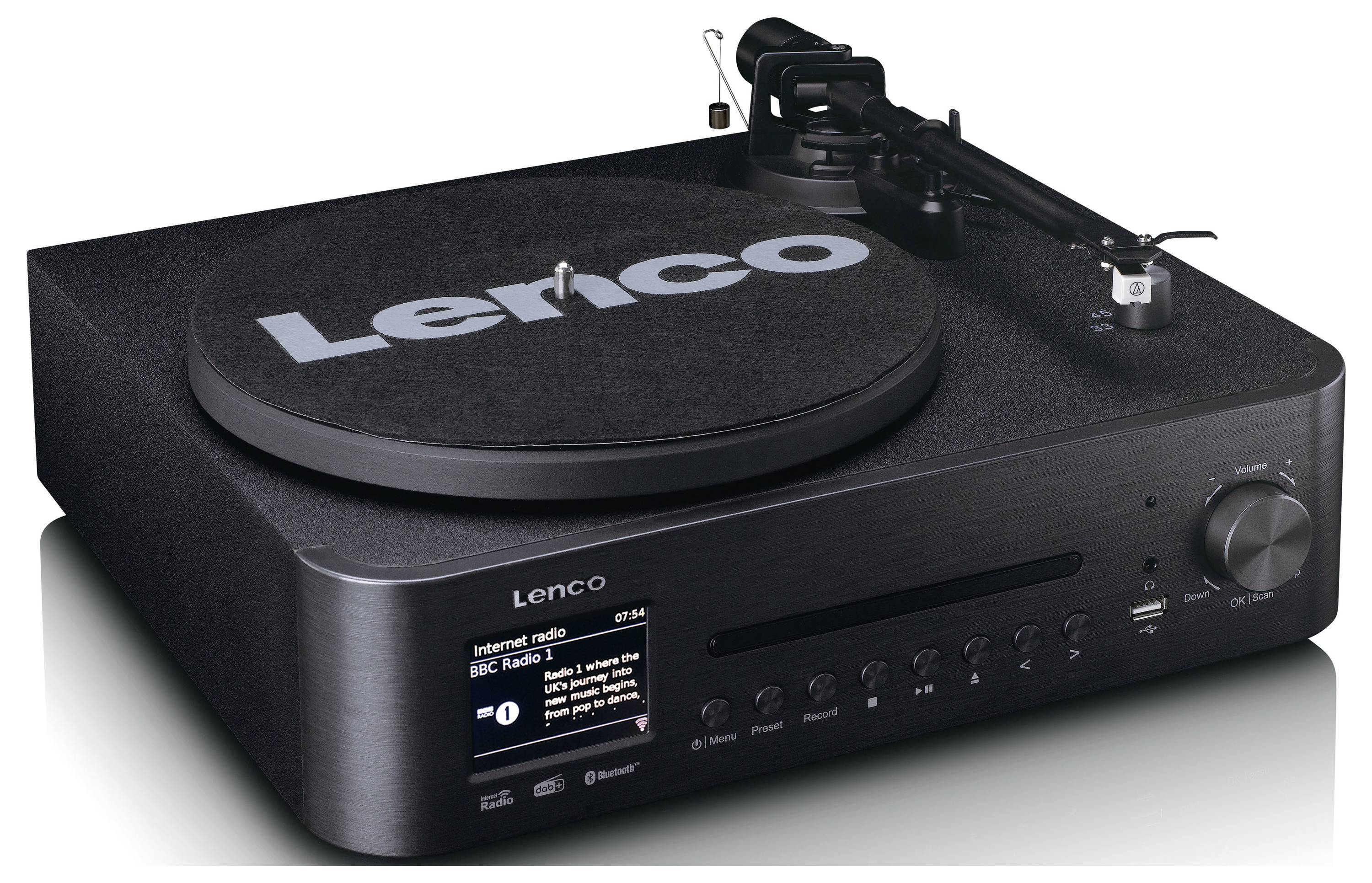 Černý gramofon s rádiem a přehrávačem CD, se značkou "Lenco", digitálním displejem na přední straně a ovládacími tlačítky.