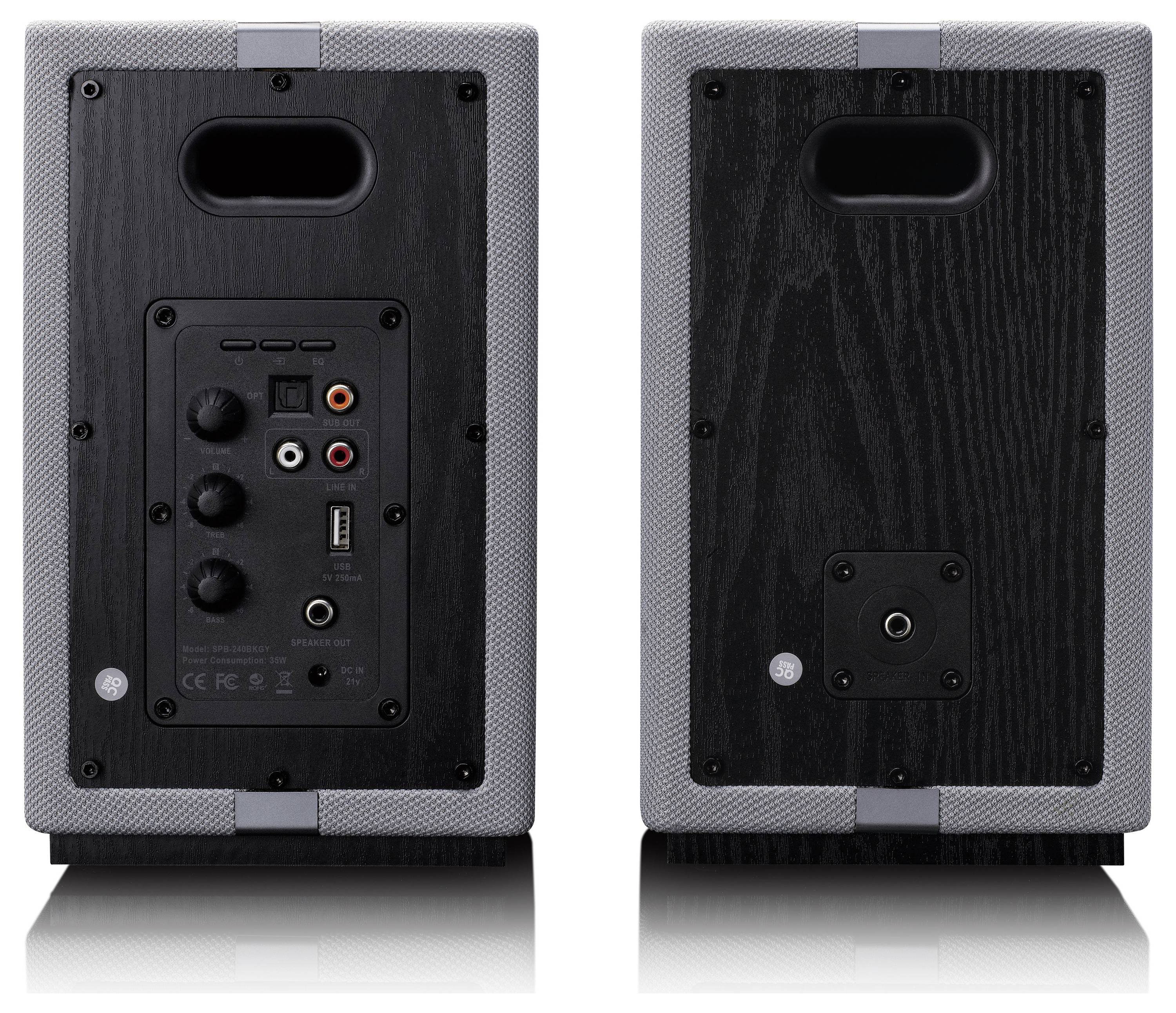 Zadní pohled na dva audio reproduktory. Levý reproduktor ukazuje ovládací panel s ovladači hlasitosti, treble a basu, vstupy RCA a port USB.