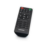 Černý dálkový ovladač s červenými, zelenými a černými tlačítky. Na spodní části je viditelný název značky "Lenovo".