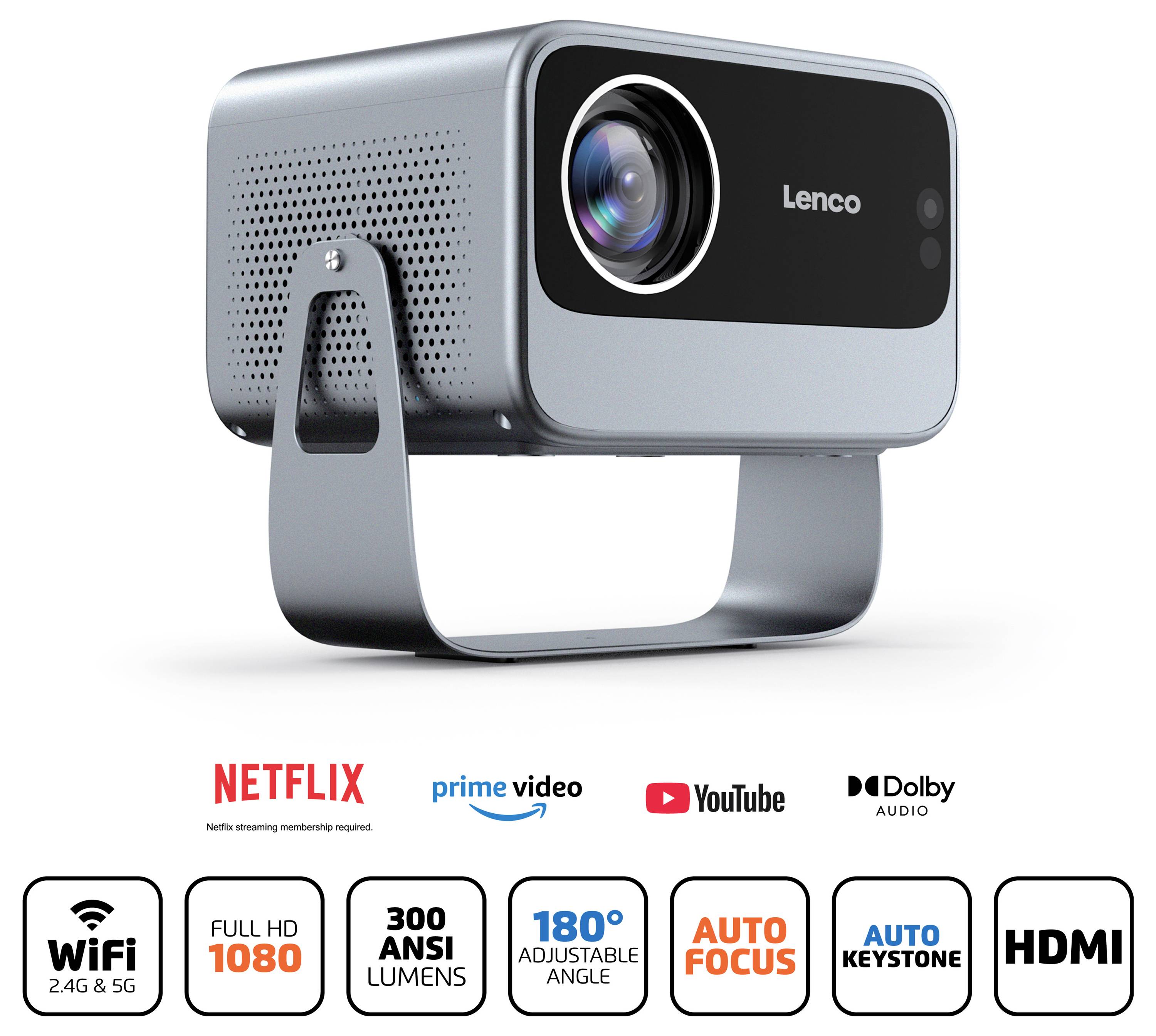 Kompaktní projektor s objektivem je namontován na kovový držák. Níže jsou loga pro Netflix, Prime Video, YouTube a Dolby Audio.