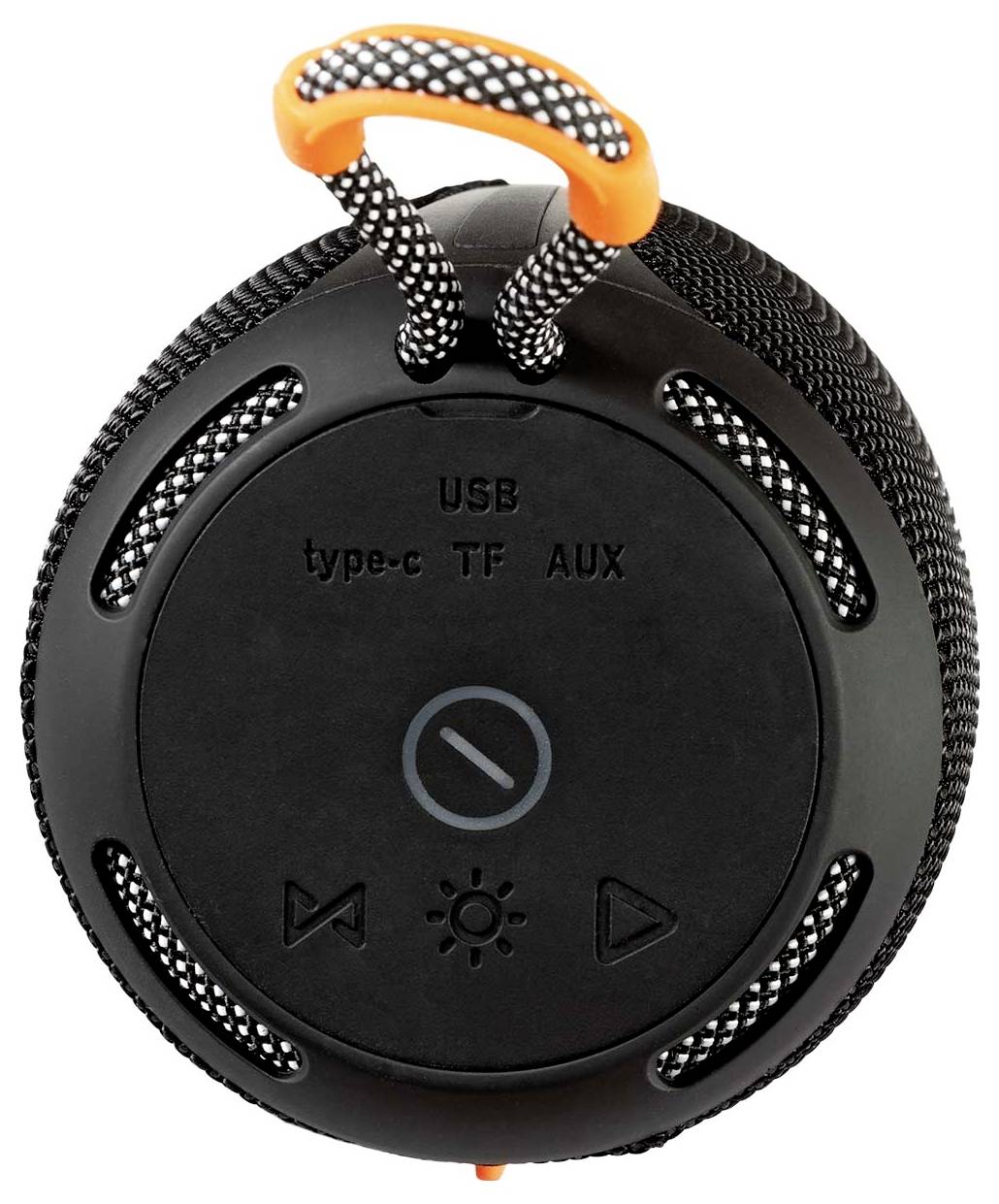 Černý přenosný reproduktor s texturovaným povrchem, oranžovou přepravní smyčkou a tlačítky pro přehrávání, pauzu a vypnutí. Porty označené USB, type-c, TF a AUX.