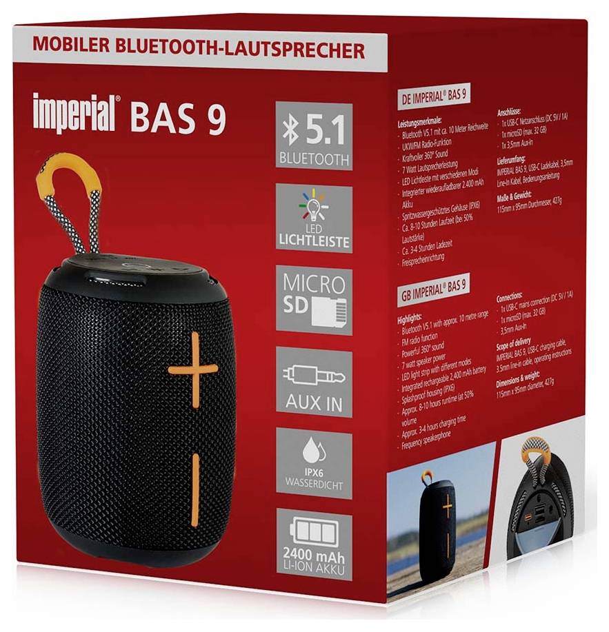 Přenosný Bluetooth reproduktor 'Imperial BAS 9' s funkcemi: Bluetooth 5.1, LED osvětlení, microSD, AUX vstup, IPX6 voděodolnost, baterie 2400 mAh.