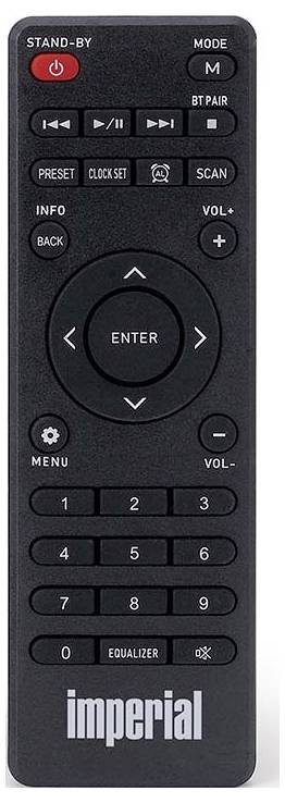 Dálkový ovladač audio systému 'Imperial' s tlačítky pro režim pohotovosti, párování Bluetooth, navigaci v menu, ovládání hlasitosti a nastavení ekvalizéru.
