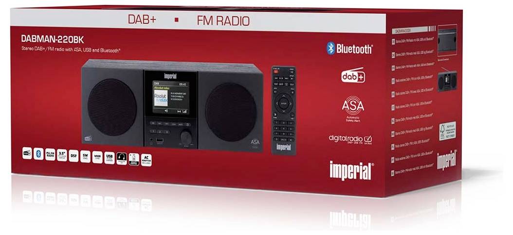 Balení "Imperial DABMAN 220BK" zobrazuje digitální rádio s možnostmi Bluetooth, DAB+ a FM. Mezi funkce patří USB a dálkové ovládání.
