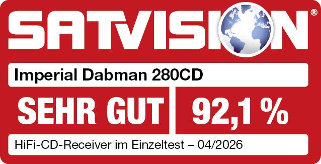 Hodnocení Satvision: 'Imperial Dabman 280CD' získal 'VELMI DOBRÝ' s 92,1 % v individuálním testu HiFi-CD-přijímače 04/2026.