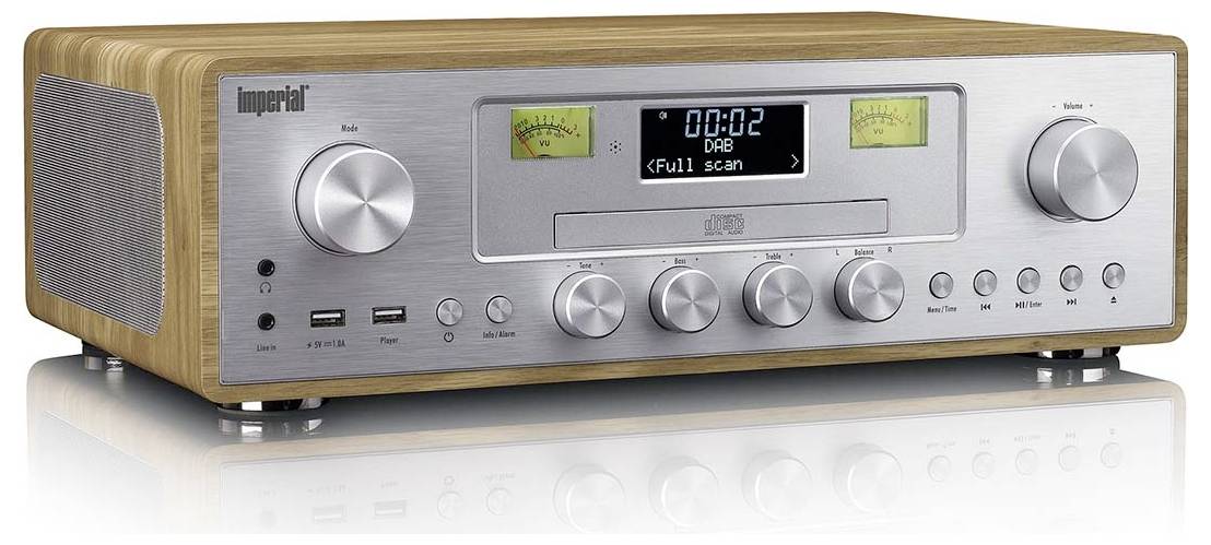 Retro stylový stereo systém s digitálním displejem, ovladači hlasitosti a více vstupními možnostmi, včetně USB a AUX portů.